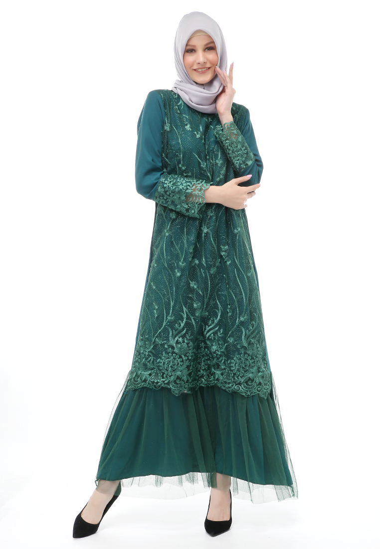 Evernoon Diana Gamis Brukat Wanita Muslimah Lapis Moscrepe Premium Quality - Hijau Botol