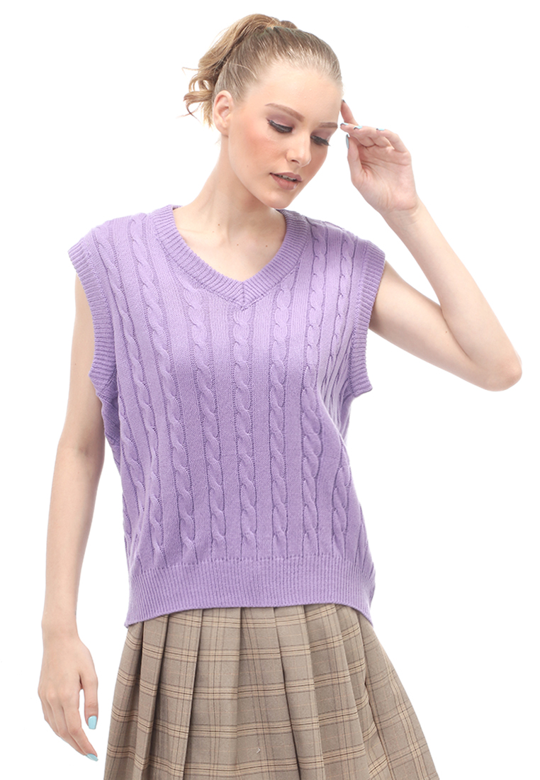 Evernoon Urice Vest Rajut Atasan Wanita V-neck Sleeves Design Elegant - Lilac