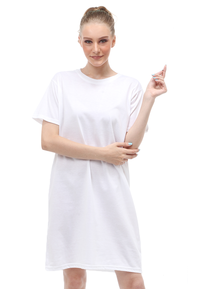 Evernoon Finch Midi Dress Wanita Short Sleeves Motif Polos - Putih