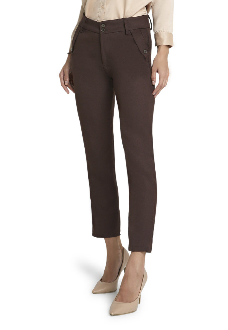 Evernoon Fitzgerald Celana Kerja Motif Solid Trousers Bawahan Wanita Formal - Coklat