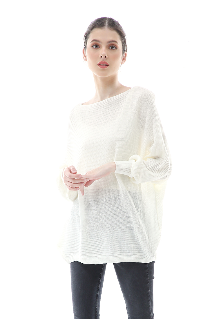 Evernoon Eveline Sweater Rajut Batwing Atasan Wanita Motif Polos High Quality - Putih