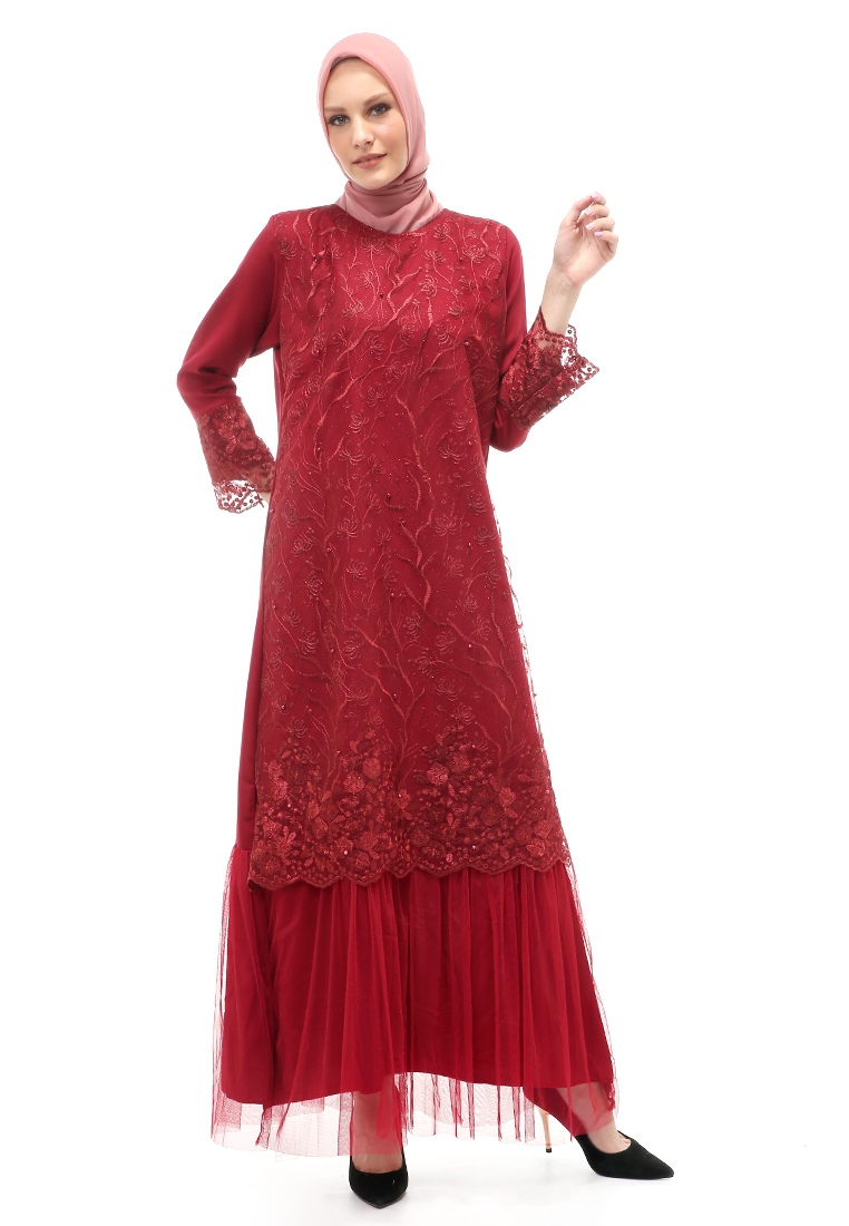 Evernoon Diana Gamis Brukat Wanita Muslimah Lapis Moscrepe Premium Quality - Maroon