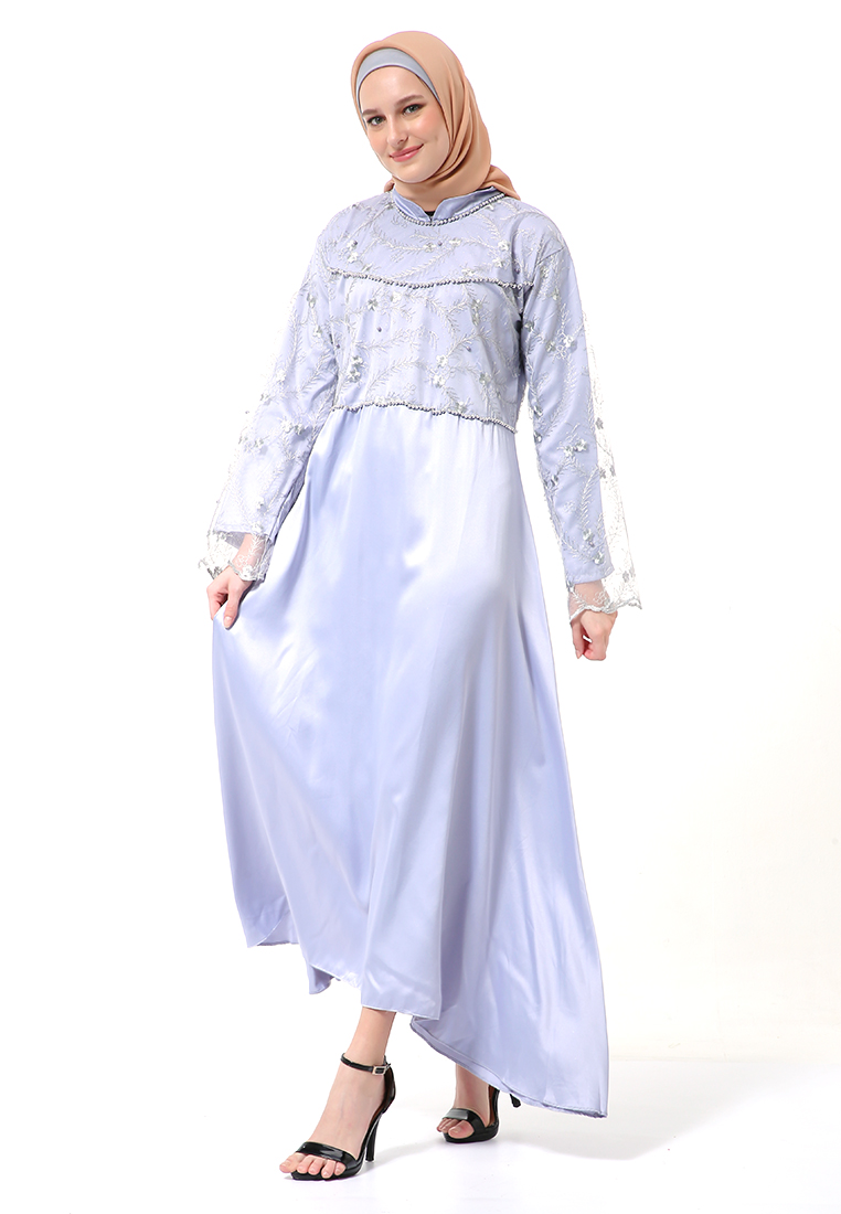 Evernoon Erica Gamis Dress Muslimah Lengan Panjang Aksen Mutiara Fashion Wanita - Grey