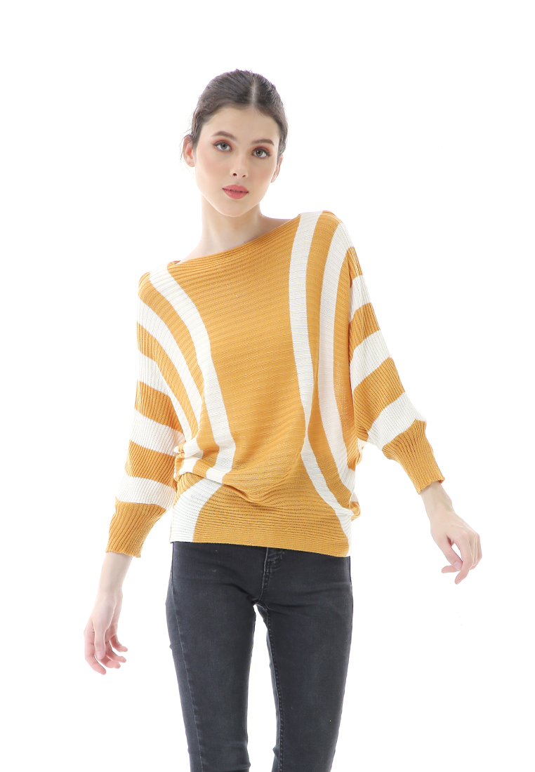 Evernoon Viana Blouse Rajut Atasan Wanita Motif Zebra Stripe Oversize Jumbo Premium Quality - Mustar