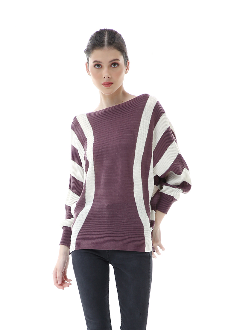 Evernoon Viana Blouse Rajut Atasan Wanita Motif Zebra Stripe Oversize Jumbo Premium Quality - Burgun