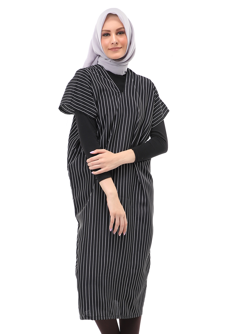 Evernoon Lolita Long Dress Wanita Kerah V Neck Motif Stripe Free Cuff Regular Fit - Black