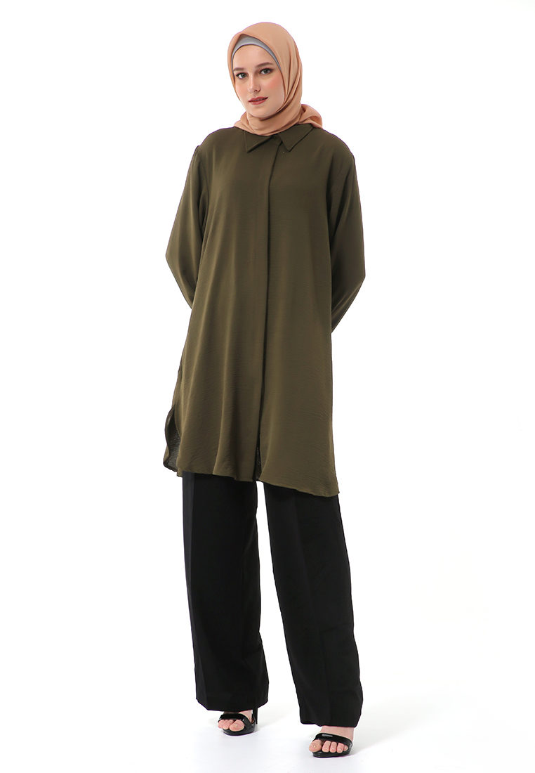 Evernoon Azzahra Tunik Panjang Muslimah Wanita Long Sleeve Regular Fit Premium High Quality - Army