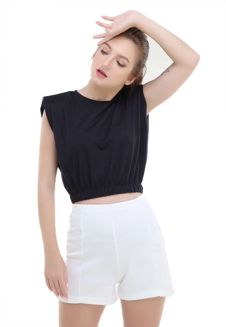 Evernoon Sakya Tshirt Short Sleeve Top Padded Motif Polos Atasan Wanita Crop Regular fit - Black