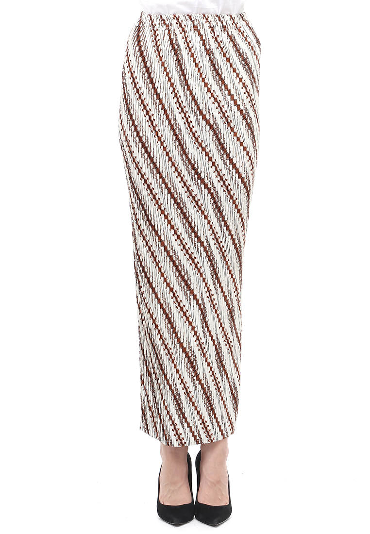 Evernoon Rok Plisket Motif Batik Bawahan Wanita Design Casual - Parang Putih Coklat