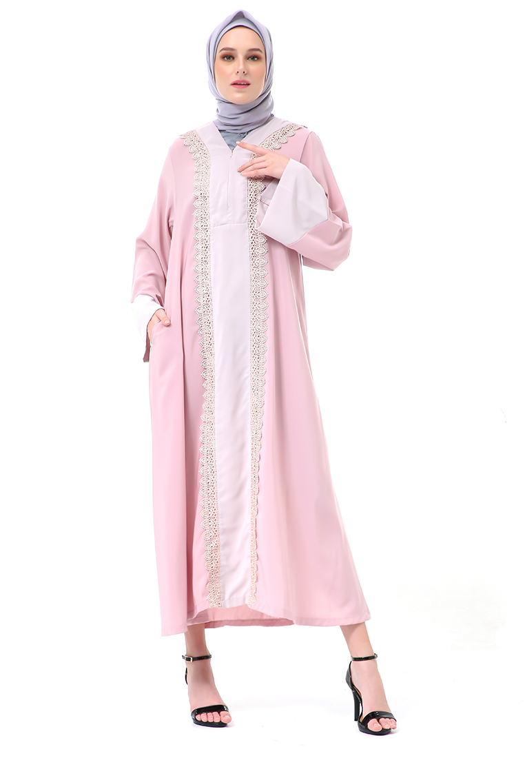 Evernoon Catlana Long Hidden Pocket Abaya Turkey Variasi Renda Premium High Quality - Rose
