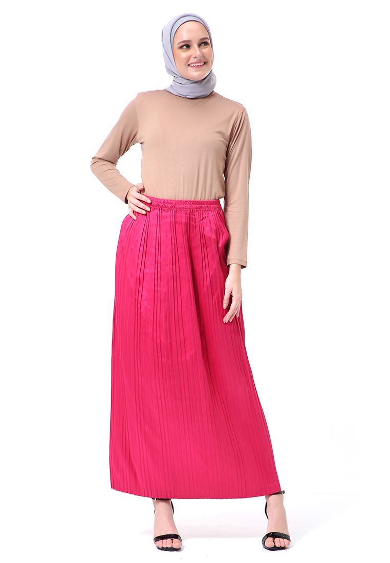 Evernoon Angely Rok Plisket Rubbery Waist Fashion Wanita Simple - Pink Fanta