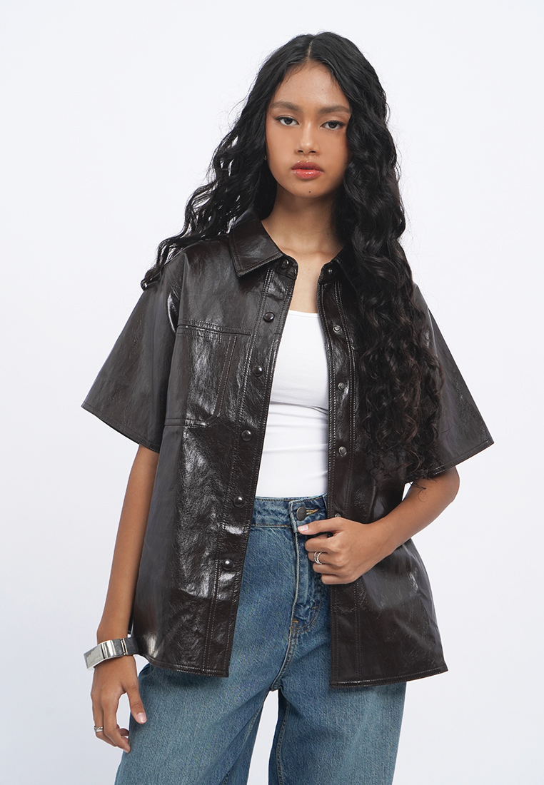 Executive Oversized Short Sleeve Leather Shirt
