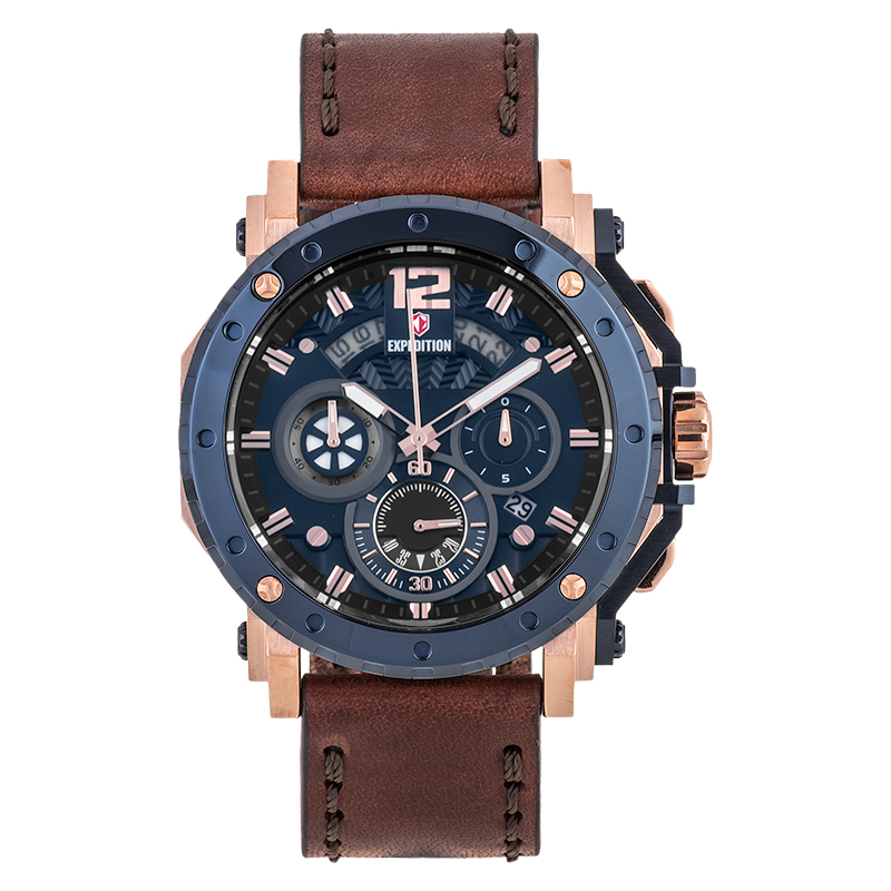 Expedition Jam Tangan Pria Expedition Chronograph E 6402 MC LURBU Men Blue Dial Brown Leather Strap