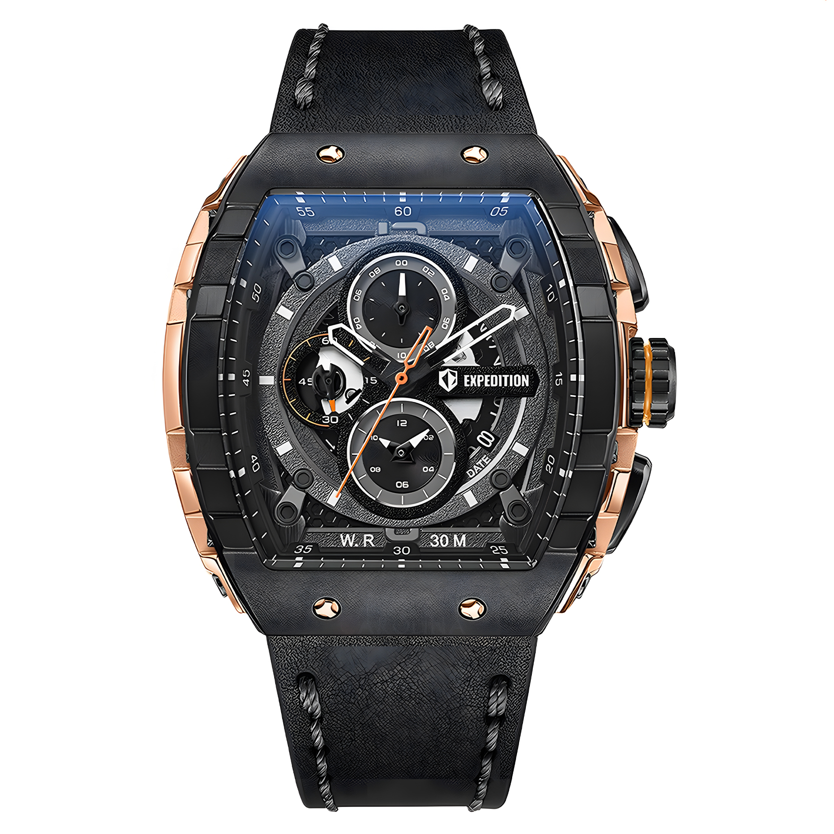 Expedition - Jam Tangan Chronograph Pria - Rose Gold Case - Black Leather Strap - 6782 MCLBRBA