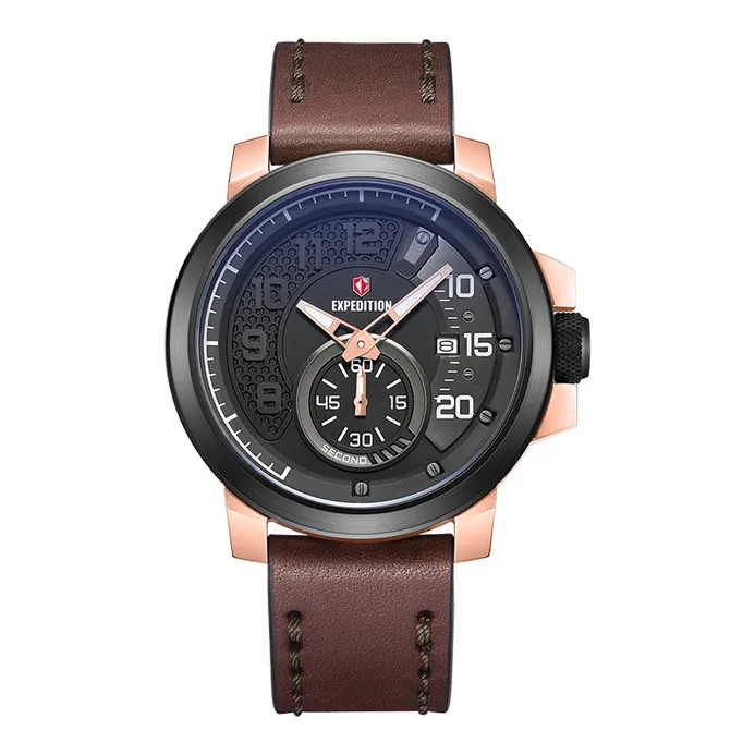 Jam Tangan Pria Expedition E 6825 MS LBRBA Sport Edition Black Dial Brown Leather Strap