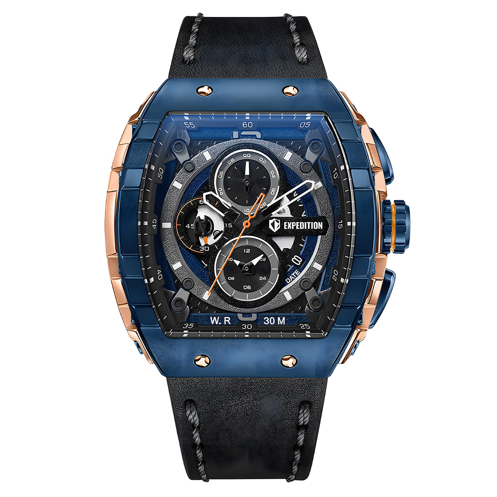 Expedition - Jam Tangan Chronograph Pria - Rose Gold Blue - Black Leather Strap - 6782 MCLURBUBA