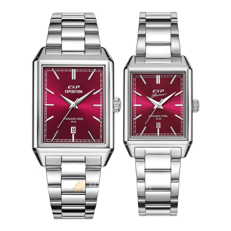 Expedition Jam Tangan Couple Expedition E 6866 BSSDR Couple Red Dial Stainless Steel Strap