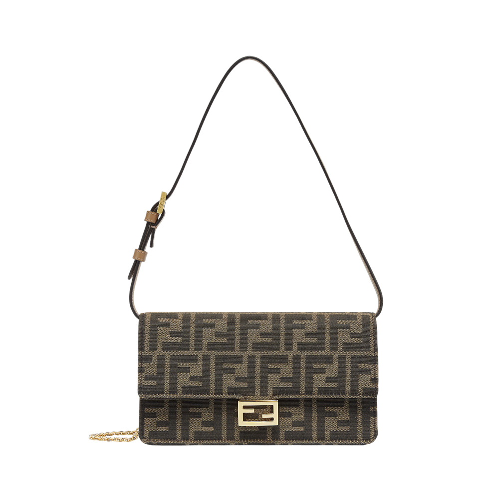 Fendi Baguette FF Clasp Fabric Wallet On Chain Brown