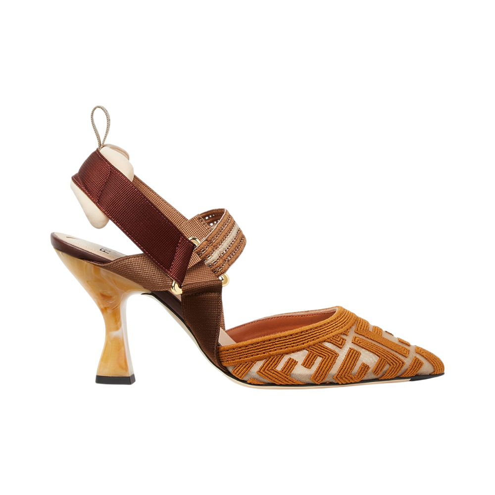Fendi Colibri 85 FF Fabric High-Heeled Slingbacks Brown