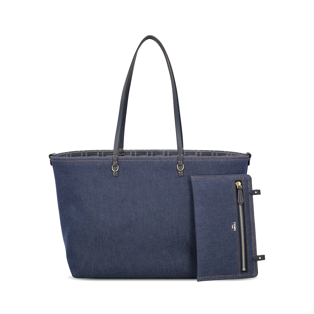 Fendi Roll Medium FF Jacquard Reversible Tote Bag Denim Blue