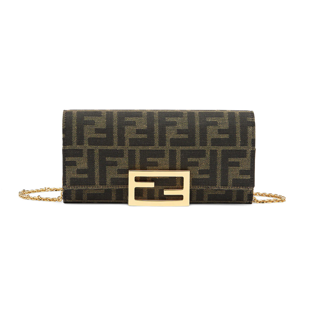Fendi Continental Wallet On Chain Fabric Leather Brown Ghw