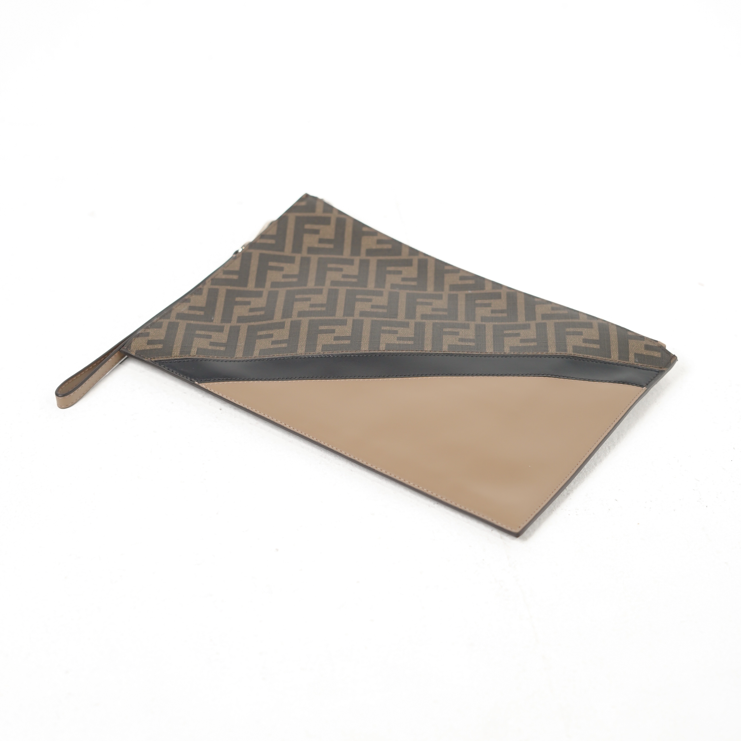 Fendi Tas FENDI FF DIAGONAL HALF BEIGE BROWN CLUTCH WITH HANDLE 100% ORIGINAL