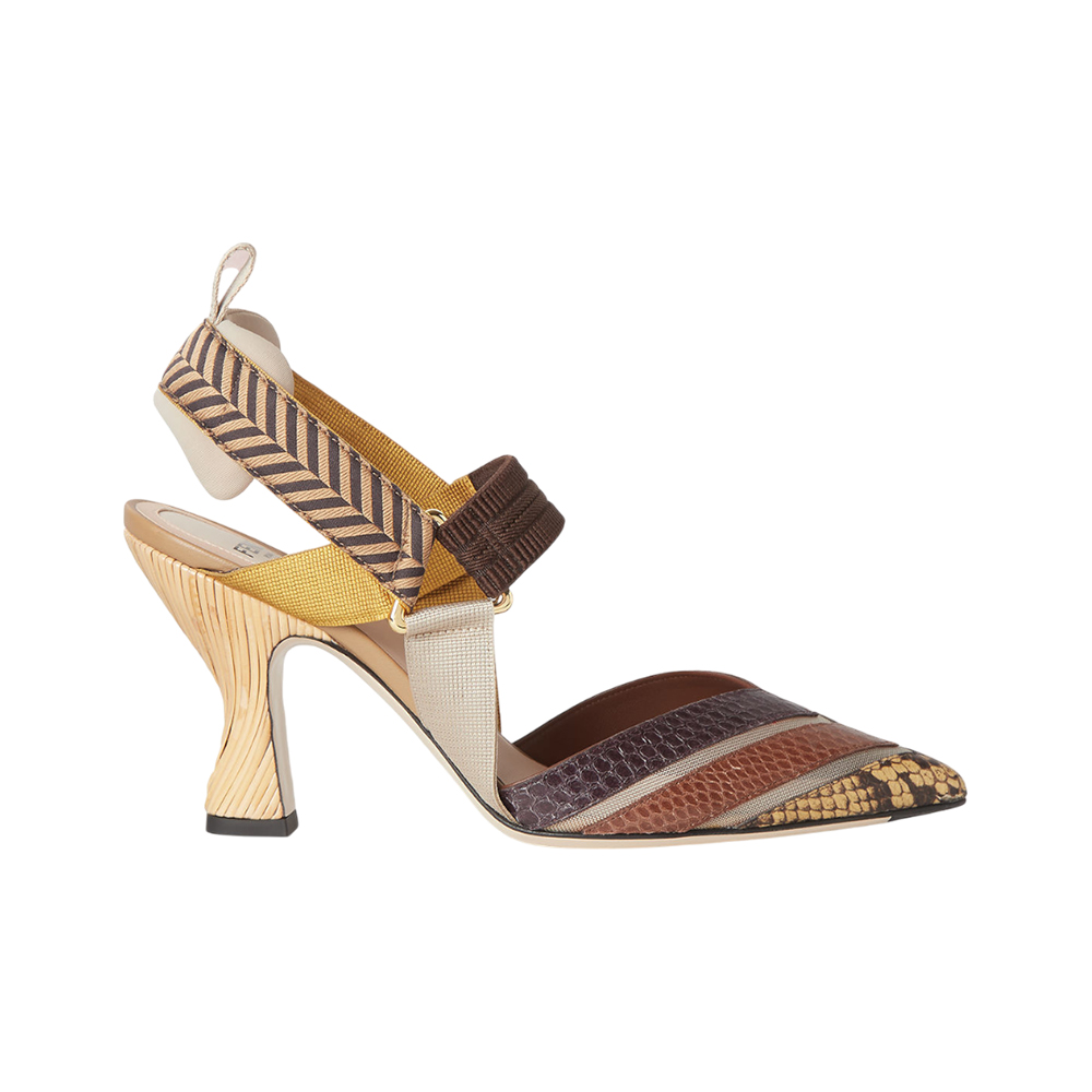 Fendi Colibri 85 Mesh and Multicolor Ayers Leather Slingbacks Beige Multicolor