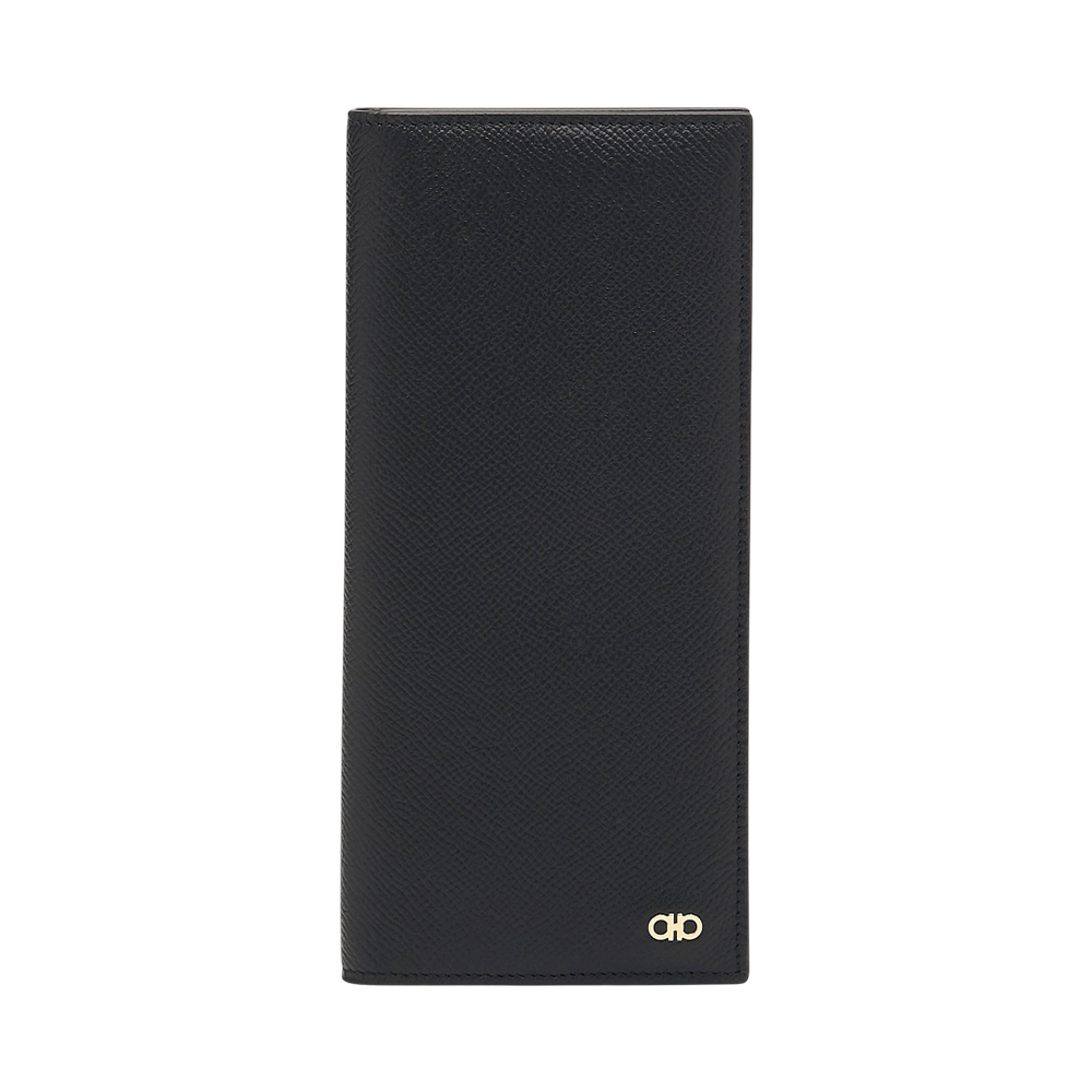 Ferragamo Gancini Organizer Bifold Wallet Hammered Calfskin Black