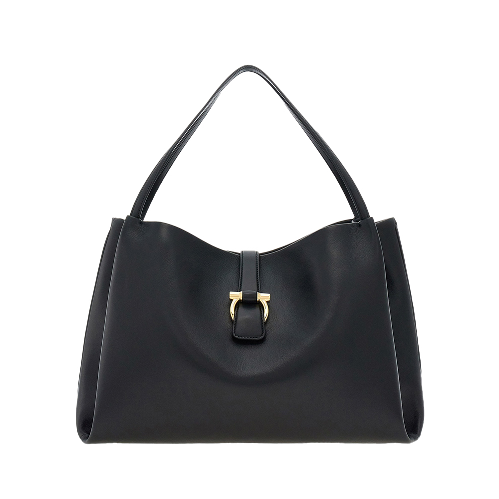 Ferragamo Magnetic Golden Gancini Tote Bag Large Calfskin Black