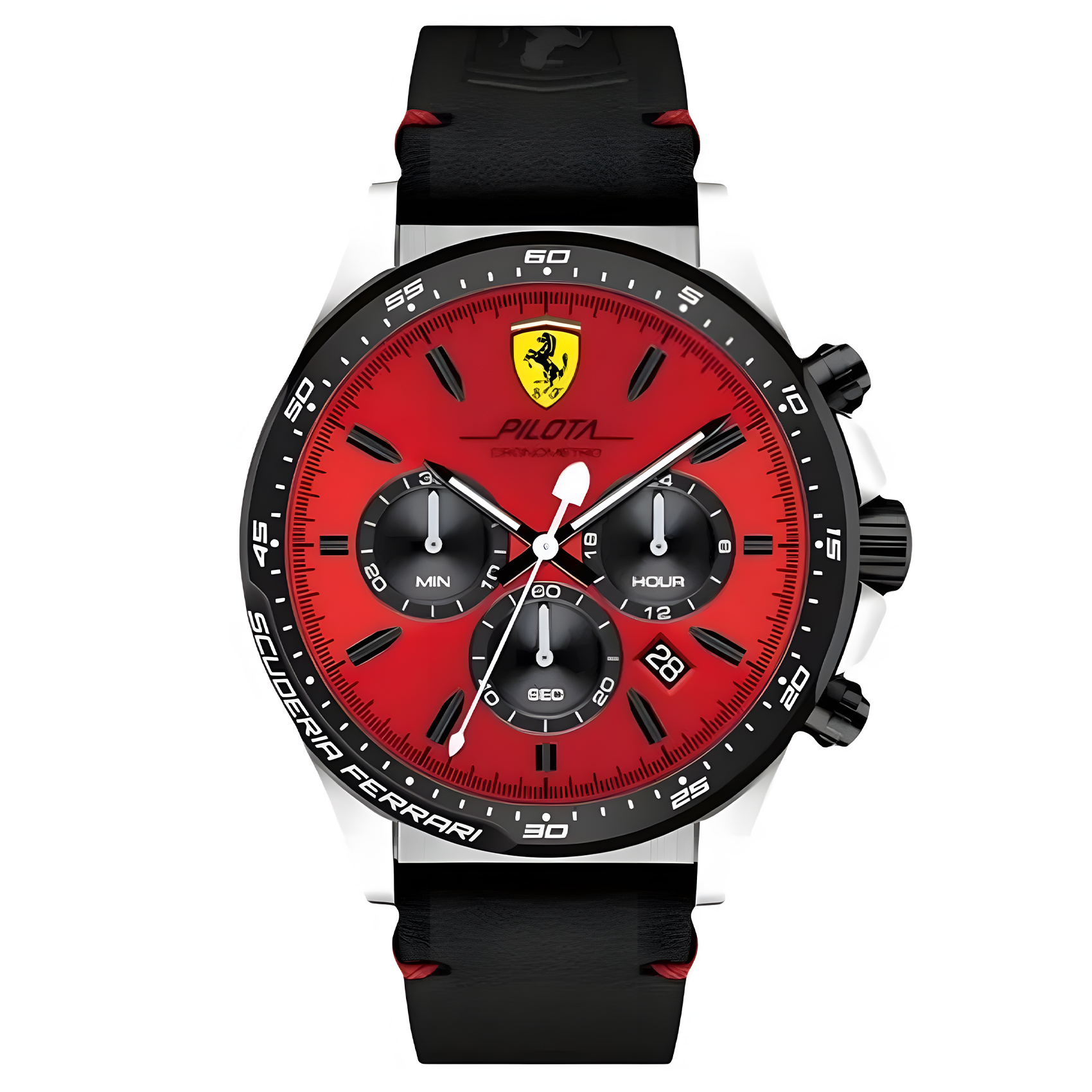 Ferrari Scuderia Ferrari Pilota - Jam Tangan Analog Pria - Silver Stainless Case - Black Leather Str