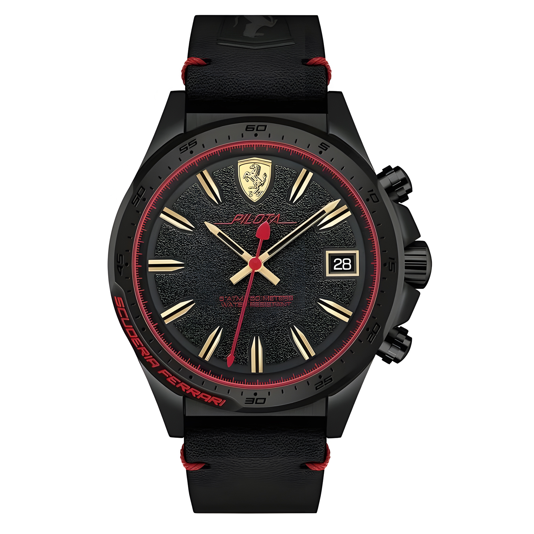Ferrari Scuderia Ferrari Pilota - Jam Tangan Quartz Analog Pria - Black Case - Black Leather Strap -