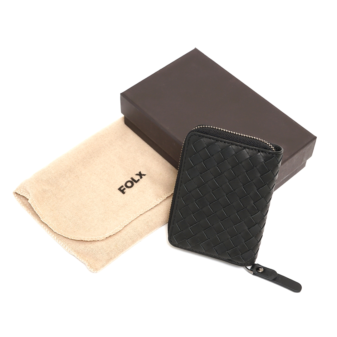 FOLX Small Intrecciato Accordion Card Wallet Black