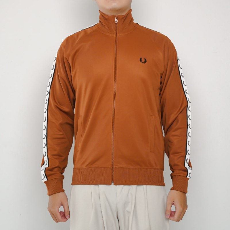 Fred Perry Jaket FRED PERRY BAND TAPE SHOULDER WHITE BROWN ZIP TRACK JACKET 100% ORIGINAL