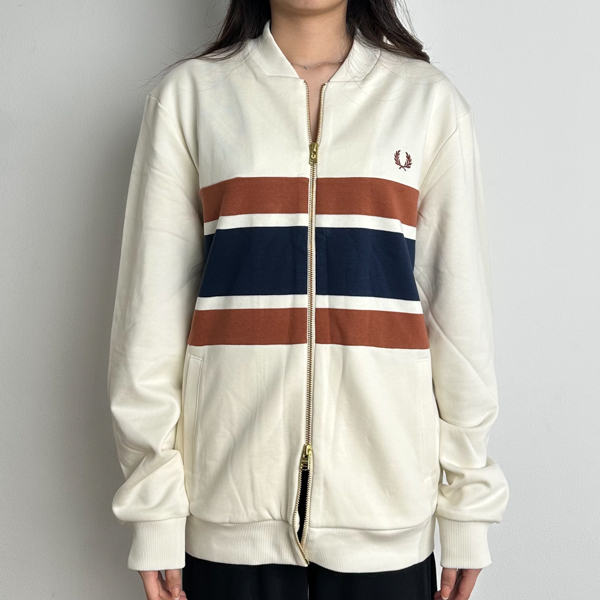 Fred Perry Jaket FRED PERRY STRIPE CENTER BROWN NAVY IVORY WHITE ZIP TRACK JACKET 100% ORIGINAL