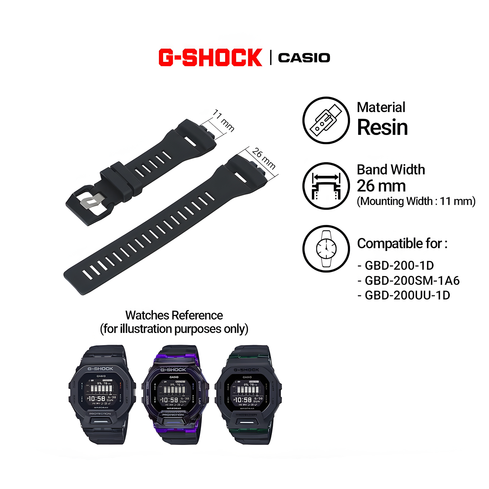 G-Shock Tali Strap G-Shock GBD-200 / GBD-200SM / GBD-200UU 26mm - Black Resin