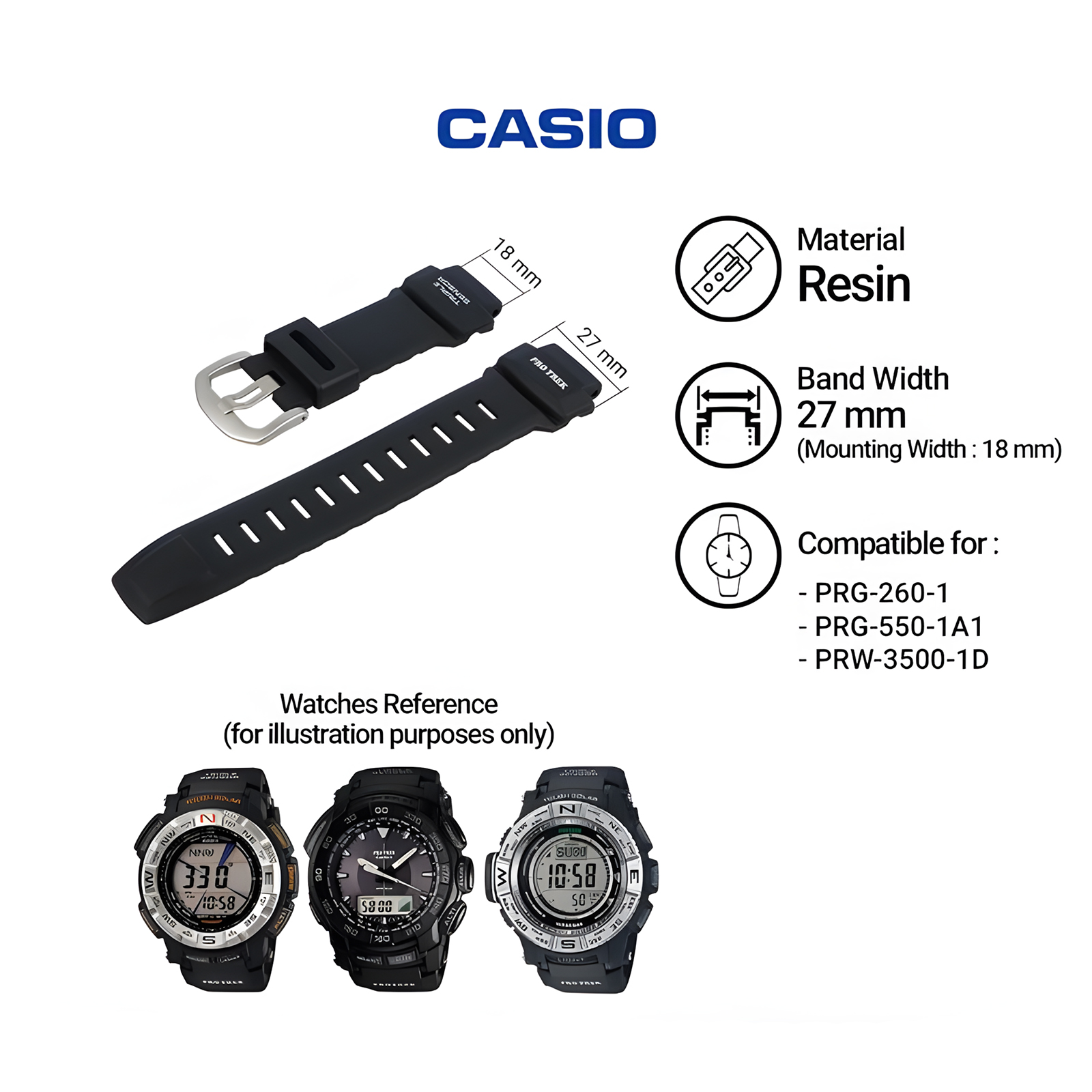 G-Shock Strap G-Shock - Tali Jam G-Shock - PRG-260 / PRG-550 / PRW-3500 - 27 mm Black Resin Band