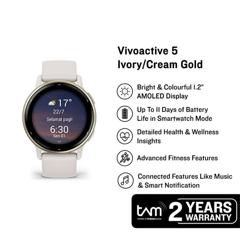 Garmin Jam Tangan Garmin Vivoactive 5 010-02862-5B Smartwatch Gold Alumunium Bezel Ivory Silicone Ba