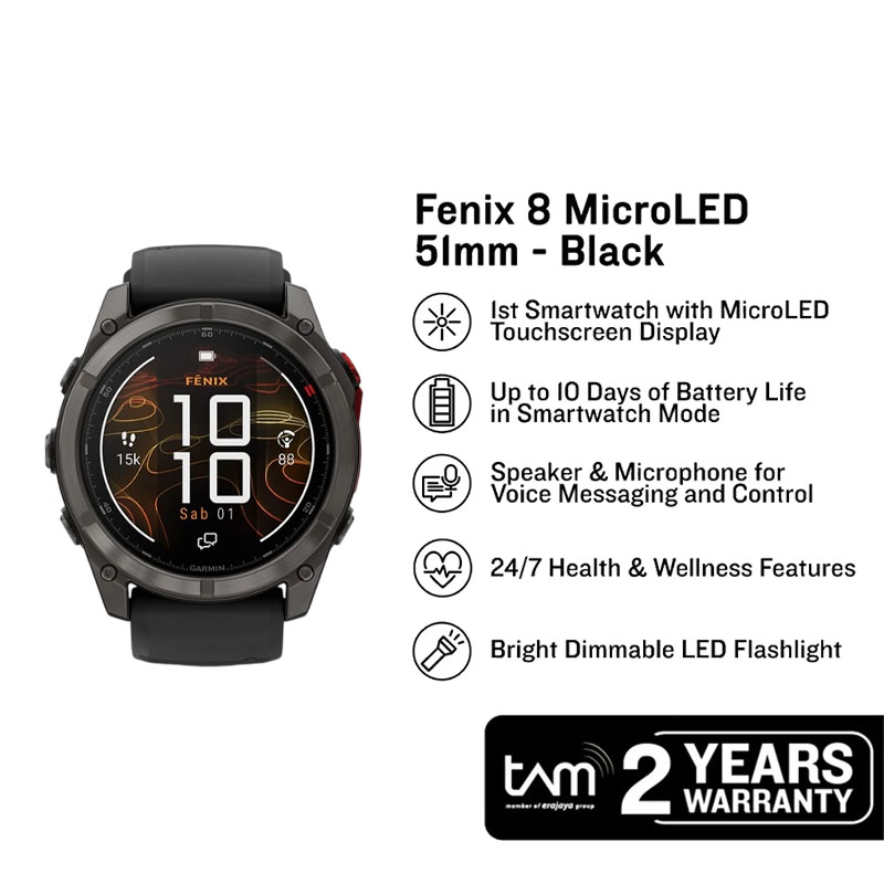 Garmin Jam Tangan Pria Garmin Fenix 8 51 010-03380-13 Smartwatch Sapphire MicroLED Titanium Black Si