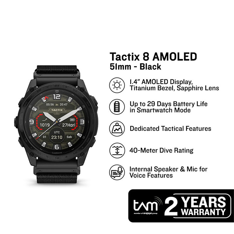 Garmin Jam Tangan Pria Garmin Tactix 8 010-03406-14 Smartwatch AMOLED Edition Digital Dial Black Nyl