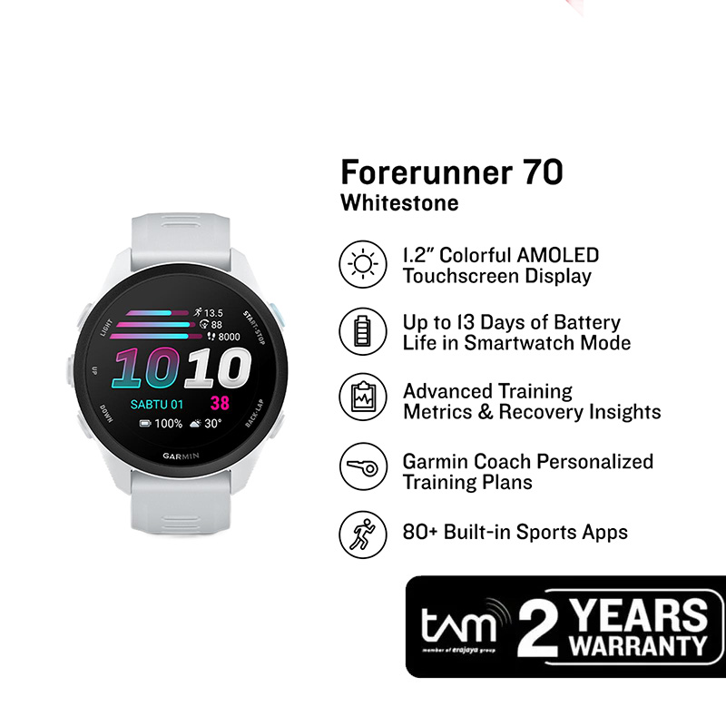 Garmin Jam Tangan Unisex Garmin Forerunner 70 010-04307-11 Smartwatch AMOLED GPS Digital Dial Whites