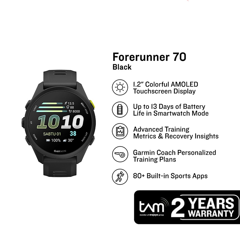 Garmin Jam Tangan Unisex Garmin Forerunner 70 010-04307-10 Smartwatch AMOLED GPS Digital Dial Black 