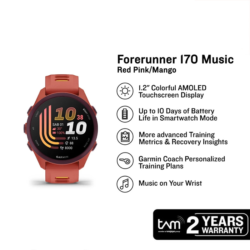 Garmin Jam Tangan Unisex Garmin Forerunner 170 Music 010-03920-55 Smartwatch Digital Dial Red Pink M