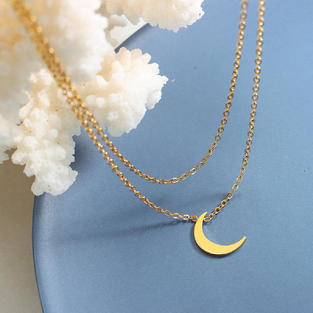 Glamorousky Gold 316L Moon Double Layer Pendant Necklace Kalung