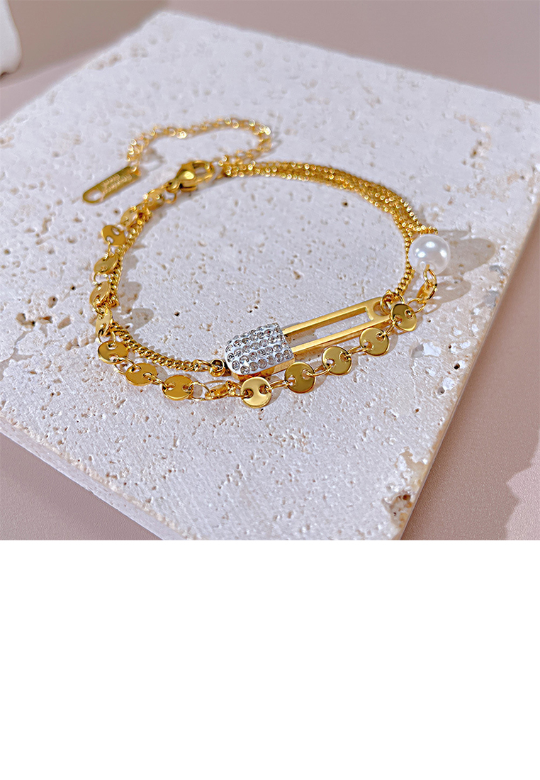 Glamorousky Simple and Creative Plated Gold 316L Stainless Steel Paper Clip Imitation Pearl Double L