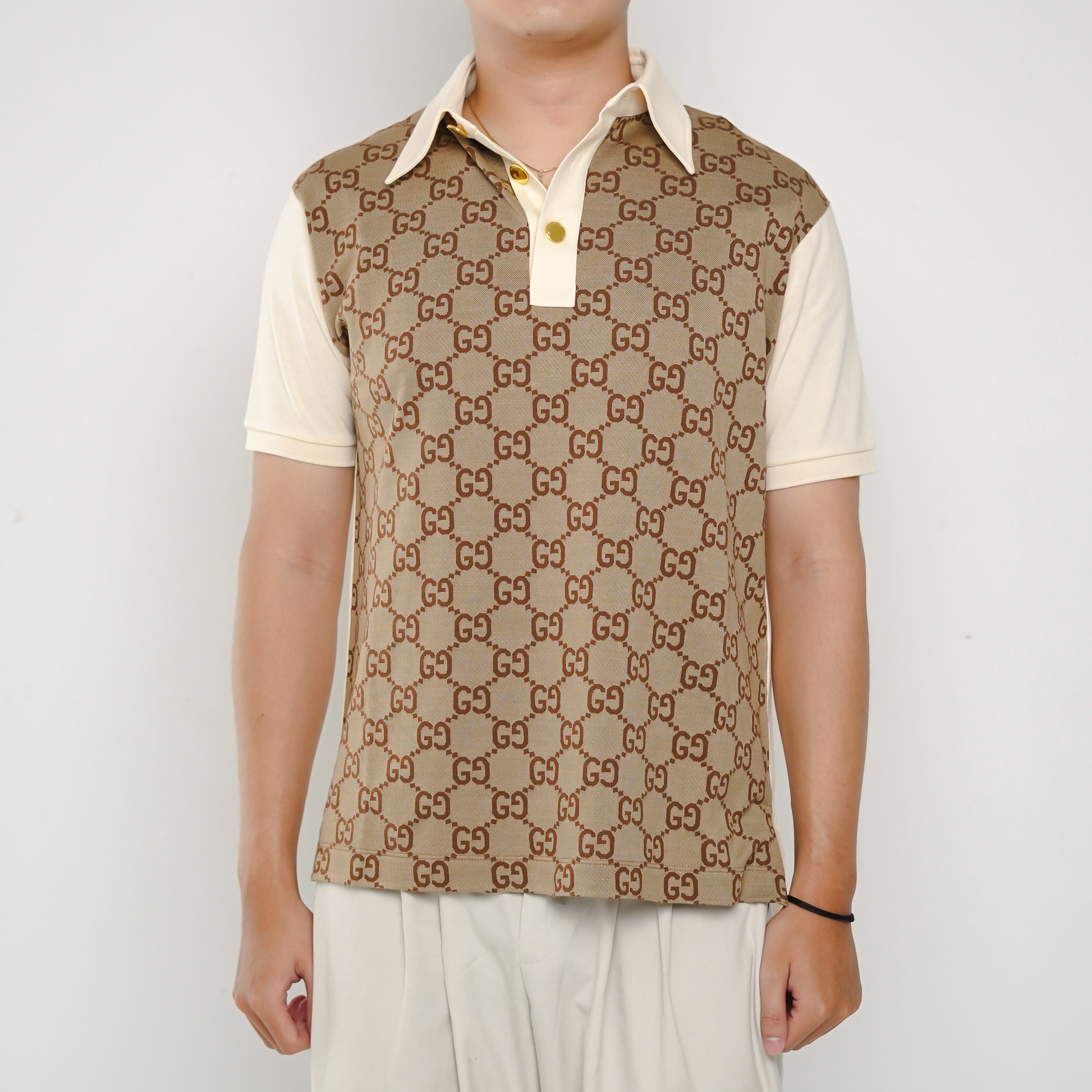 Gucci Polo GUCCI GG MONOGRAM BROWN BEIGE CREAM SILK POLO 100% ORIGINAL