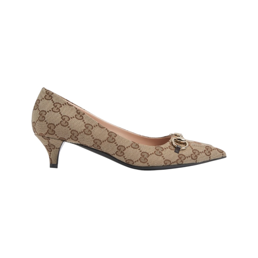 Gucci GG Canvas 45 Pump with Horsebit Beige Dark Brown