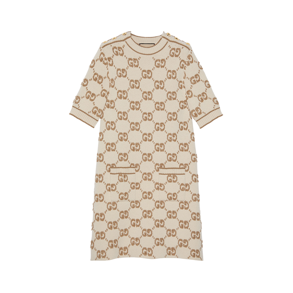 Gucci GG Wool Boucle Jacquard Mini Dress Ivory Camel