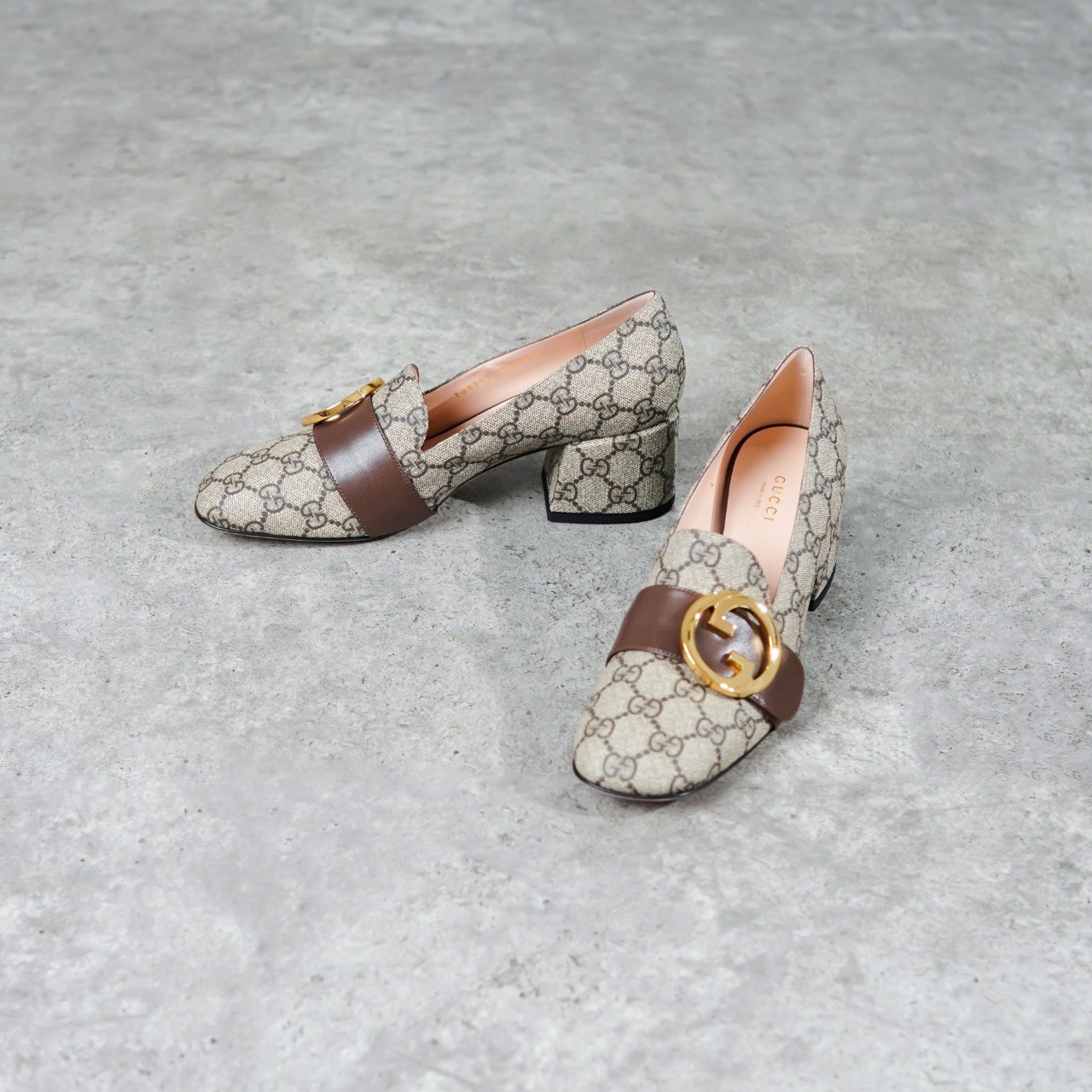 Gucci Sepatu GUCCI GG MONOGRAM GHW INTERLOCKING BELT CAMEL BROWN HEELS 100% ORIGINAL