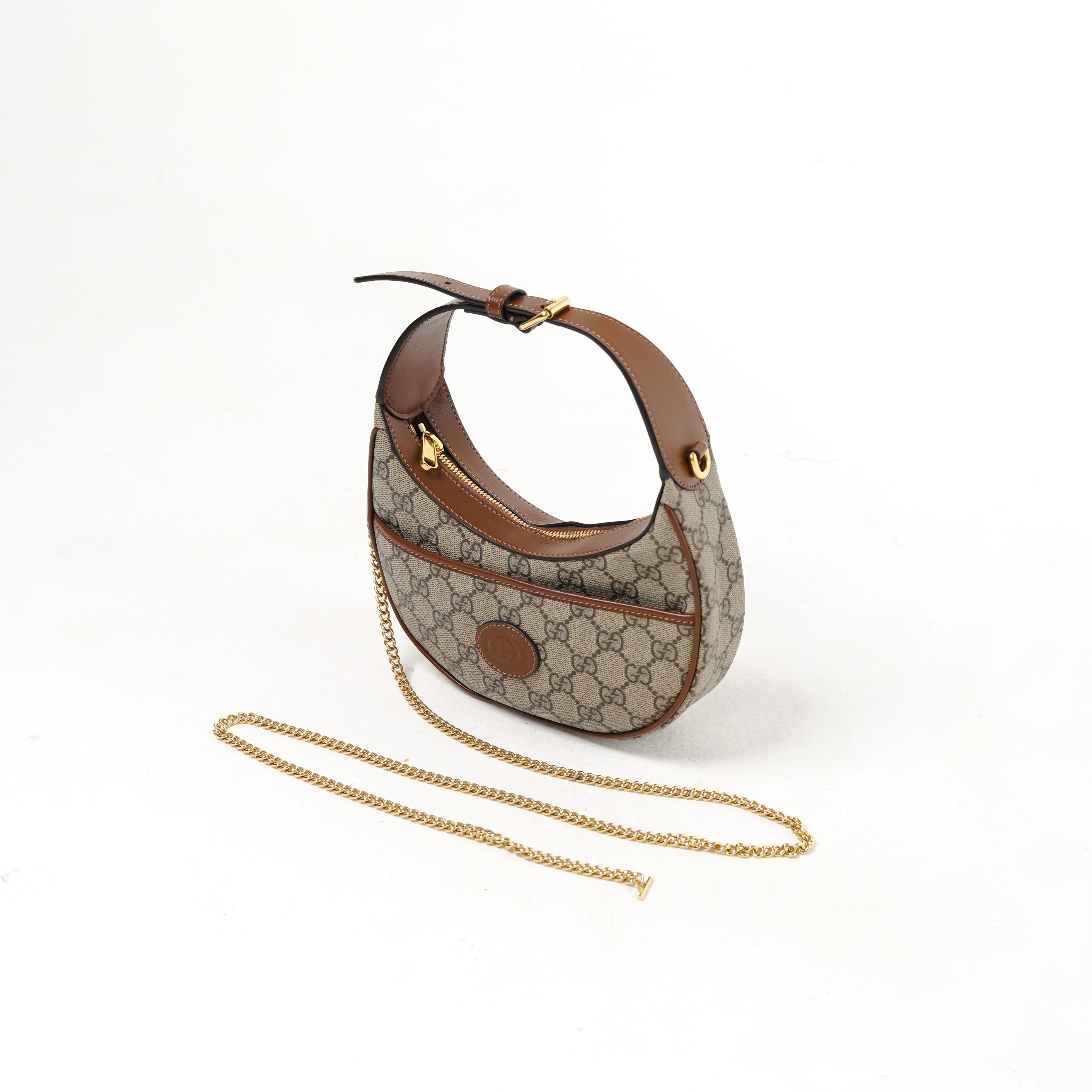 GUCCI Tas GUCCI OPHIDIA GG MONOGRAM BEIGE NUDE OVAL LOGO HALF MOON BAG 100% ORIGINAL