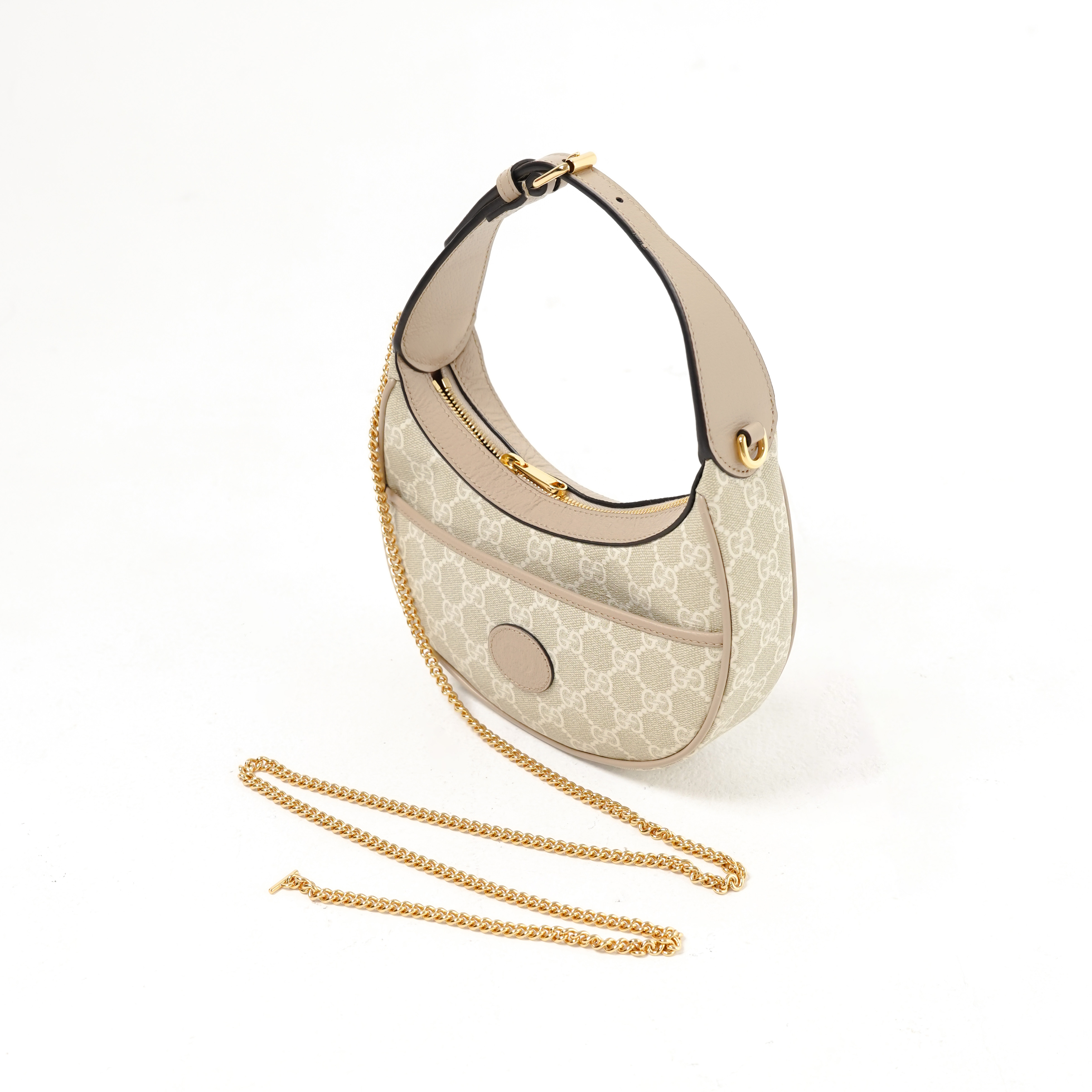 GUCCI Tas GUCCI OPHIDIA GG MONOGRAM BEIGE BROWN OVAL LOGO HALF MOON BAG 100% ORIGINAL